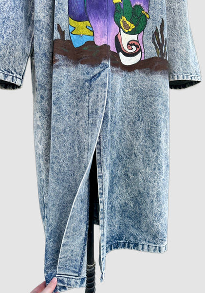 VINTAGE SUNDANCE 80s/90s Hand Painted Acid Wash Denim Duster • XL