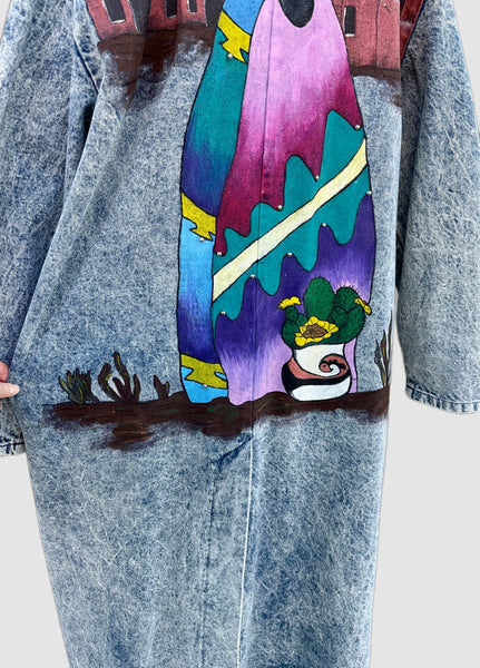 VINTAGE SUNDANCE 80s/90s Hand Painted Acid Wash Denim Duster • XL