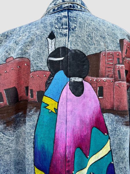 VINTAGE SUNDANCE 80s/90s Hand Painted Acid Wash Denim Duster • XL