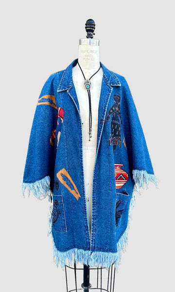 VINTAGE SUNDANCE 90s Fringe Denim Poncho Jacket • Size Large
