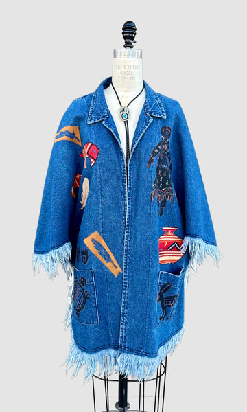 VINTAGE SUNDANCE 90s Fringe Denim Poncho Jacket • Size Large