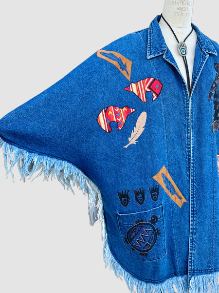 VINTAGE SUNDANCE 90s Fringe Denim Poncho Jacket • Size Large