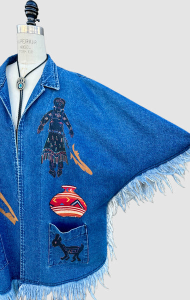 VINTAGE SUNDANCE 90s Fringe Denim Poncho Jacket • Size Large