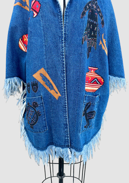 VINTAGE SUNDANCE 90s Fringe Denim Poncho Jacket • Size Large