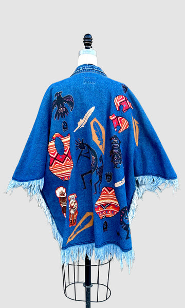 VINTAGE SUNDANCE 90s Fringe Denim Poncho Jacket • Size Large