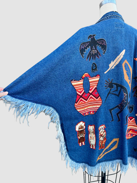 VINTAGE SUNDANCE 90s Fringe Denim Poncho Jacket • Size Large