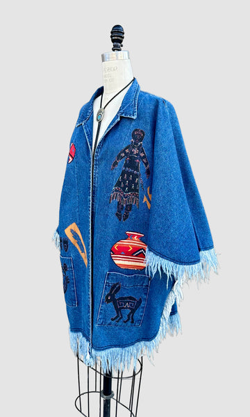 VINTAGE SUNDANCE 90s Fringe Denim Poncho Jacket • Size Large