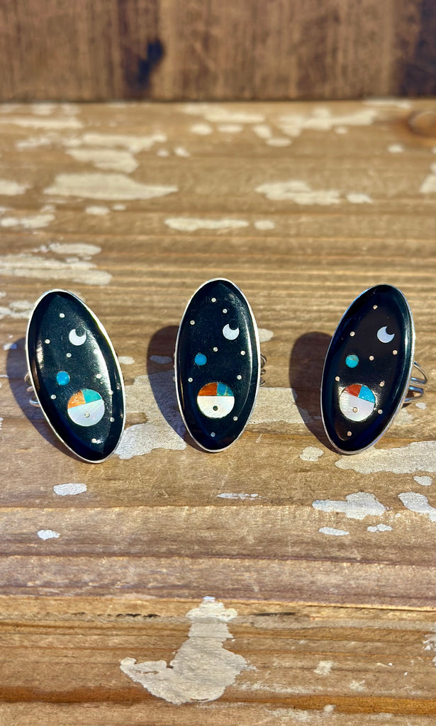 HAROLD SMITH ZUNI Silver Pueblo Night Sky Inlay Rings 26R07 • Multiple Sizes