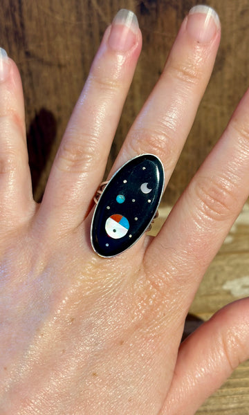 HAROLD SMITH ZUNI Silver Pueblo Night Sky Inlay Rings 26R07 • Multiple Sizes