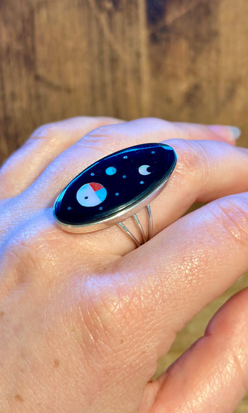 HAROLD SMITH ZUNI Silver Pueblo Night Sky Inlay Rings 26R07 • Multiple Sizes