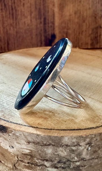 HAROLD SMITH ZUNI Silver Pueblo Night Sky Inlay Rings 26R07 • Multiple Sizes