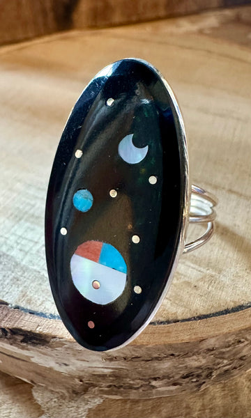 HAROLD SMITH ZUNI Silver Pueblo Night Sky Inlay Rings 26R07 • Multiple Sizes