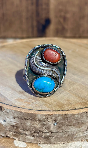 FEATHER CACTUS TRAIL Turquoise & Coral Men's Ring 26R02 • Size 13