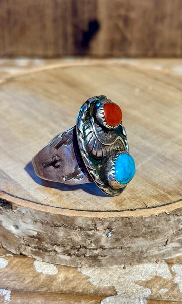 FEATHER CACTUS TRAIL Turquoise & Coral Men's Ring 26R02 • Size 13