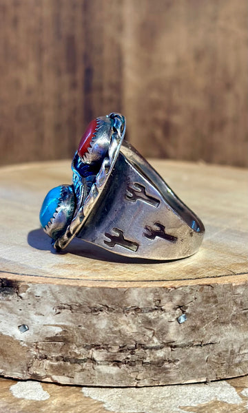 FEATHER CACTUS TRAIL Turquoise & Coral Men's Ring 26R02 • Size 13