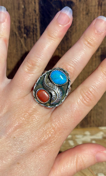 FEATHER CACTUS TRAIL Turquoise & Coral Men's Ring 26R02 • Size 13
