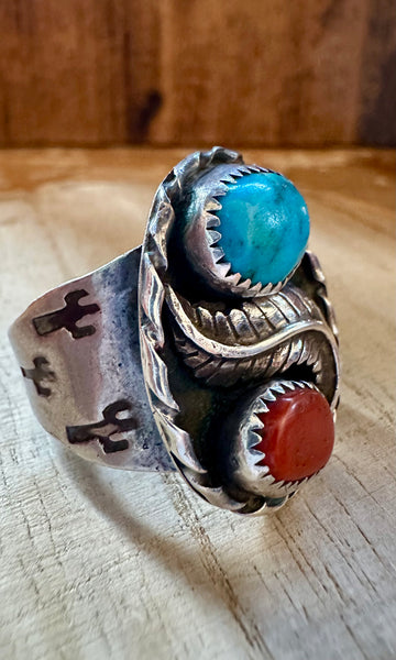 FEATHER CACTUS TRAIL Turquoise & Coral Men's Ring 26R02 • Size 13