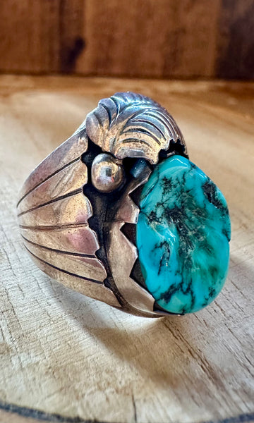 VINTAGE NAVAJO Silver Feather Applique Turquoise Men's Ring 26R01 • Size 10