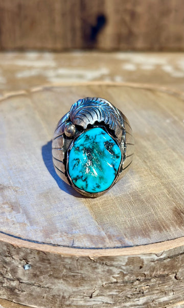 VINTAGE NAVAJO Silver Feather Applique Turquoise Men's Ring 26R01 • Size 10