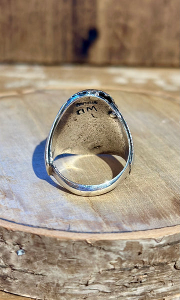 VINTAGE NAVAJO Silver Feather Applique Turquoise Men's Ring 26R01 • Size 10