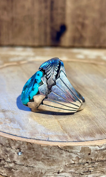 VINTAGE NAVAJO Silver Feather Applique Turquoise Men's Ring 26R01 • Size 10