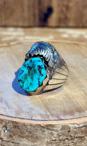 VINTAGE NAVAJO Silver Feather Applique Turquoise Men's Ring 26R01 • Size 10