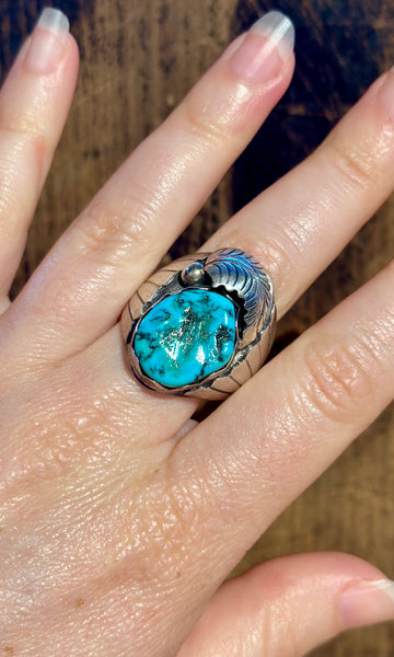 VINTAGE NAVAJO Silver Feather Applique Turquoise Men's Ring 26R01 • Size 10