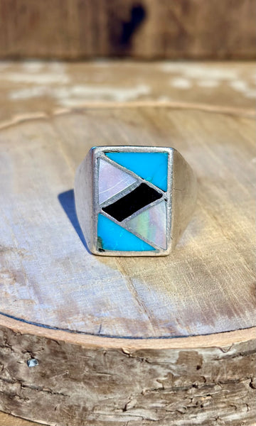 ZUNI INLAY 1970's Mother of Pearl Lapis & Turquoise Silver Men's Ring 26R05 • Size 13