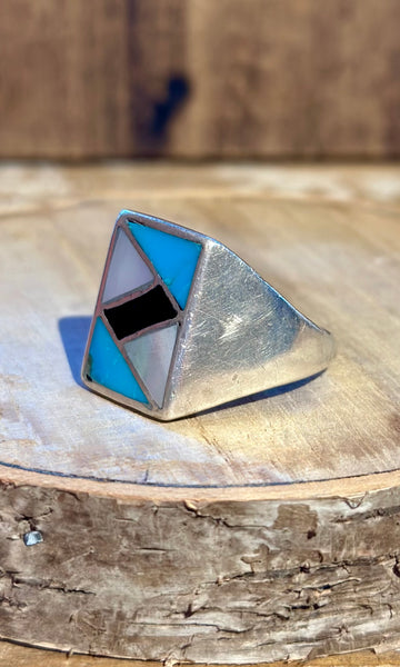 ZUNI INLAY 1970's Mother of Pearl Lapis & Turquoise Silver Men's Ring 26R05 • Size 13