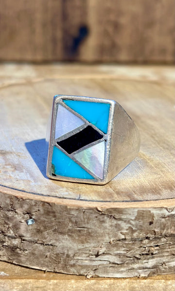 ZUNI INLAY 1970's Mother of Pearl Lapis & Turquoise Silver Men's Ring 26R05 • Size 13