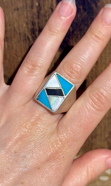 ZUNI INLAY 1970's Mother of Pearl Lapis & Turquoise Silver Men's Ring 26R05 • Size 13