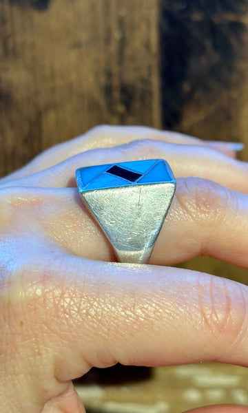 ZUNI INLAY 1970's Mother of Pearl Lapis & Turquoise Silver Men's Ring 26R05 • Size 13