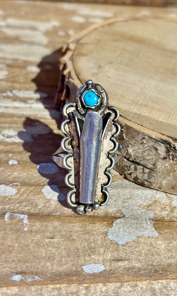 NAVAJO SQUASH BLOSSOM 1970s Silver & Turquoise Ring 26R06 • Size 9 1/4
