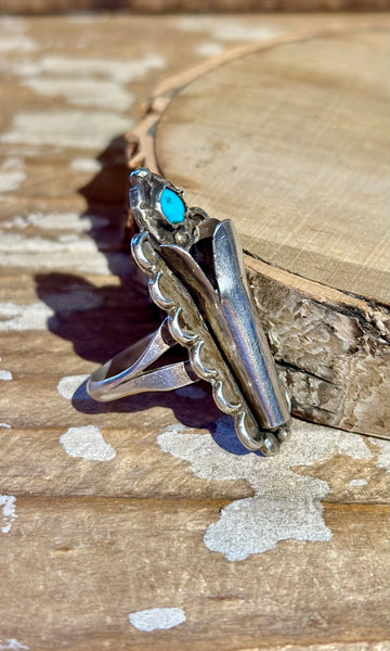 NAVAJO SQUASH BLOSSOM 1970s Silver & Turquoise Ring 26R06 • Size 9 1/4