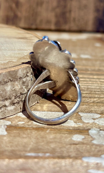 NAVAJO SQUASH BLOSSOM 1970s Silver & Turquoise Ring 26R06 • Size 9 1/4