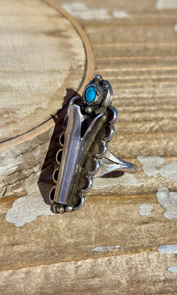 NAVAJO SQUASH BLOSSOM 1970s Silver & Turquoise Ring 26R06 • Size 9 1/4