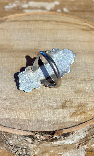 NAVAJO SQUASH BLOSSOM 1970s Silver & Turquoise Ring 26R06 • Size 9 1/4