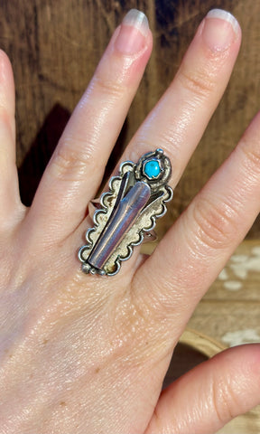 NAVAJO SQUASH BLOSSOM 1970s Silver & Turquoise Ring 26R06 • Size 9 1/4