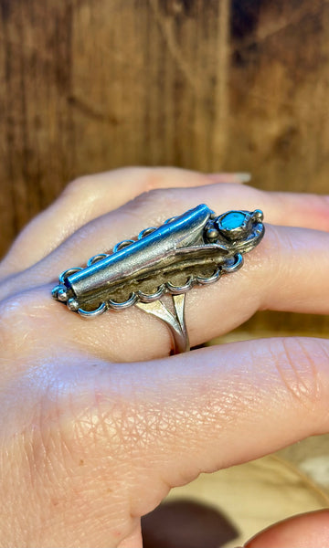 NAVAJO SQUASH BLOSSOM 1970s Silver & Turquoise Ring 26R06 • Size 9 1/4