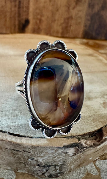 NAVAJO VINTAGE 1970'S Agate and Silver Ring 26R03 • Size 11 1/4