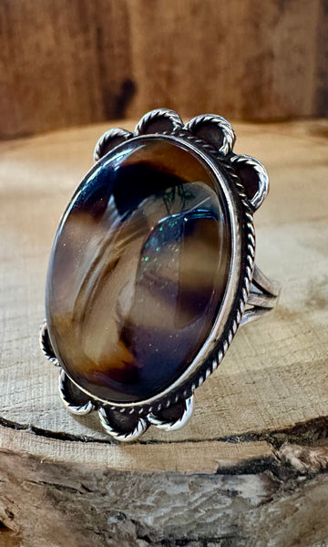 NAVAJO VINTAGE 1970'S Agate and Silver Ring 26R03 • Size 11 1/4