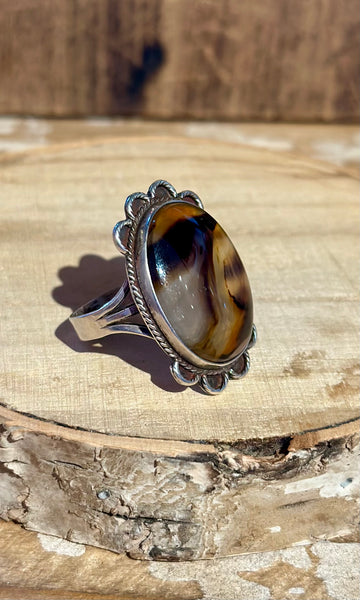 NAVAJO VINTAGE 1970'S Agate and Silver Ring 26R03 • Size 11 1/4