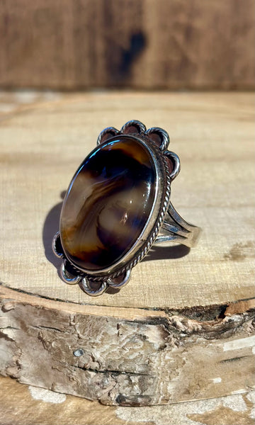 NAVAJO VINTAGE 1970'S Agate and Silver Ring 26R03 • Size 11 1/4