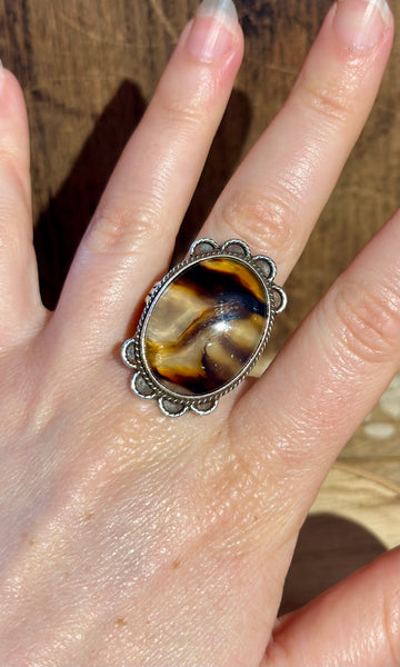 NAVAJO VINTAGE 1970'S Agate and Silver Ring 26R03 • Size 11 1/4