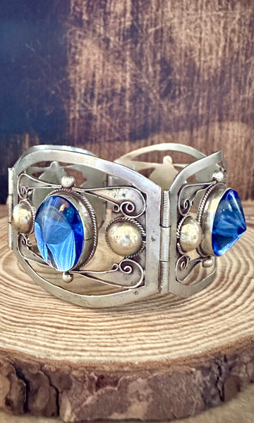 BLUE JEWELED ART Deco Sterling Silver Bracelet