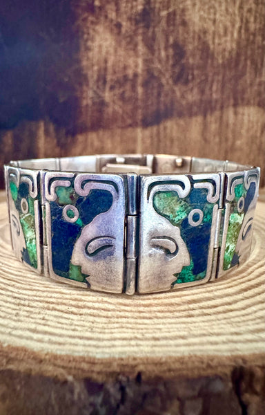 LOS CASTILLO 60s Lapis and Turquoise Sterling Silver Aztec Bracelet