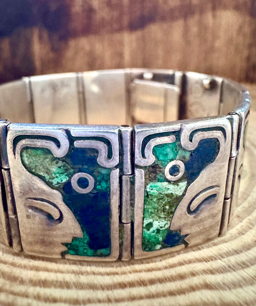 LOS CASTILLO 60s Lapis and Turquoise Sterling Silver Aztec Bracelet