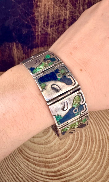 LOS CASTILLO 60s Lapis and Turquoise Sterling Silver Aztec Bracelet