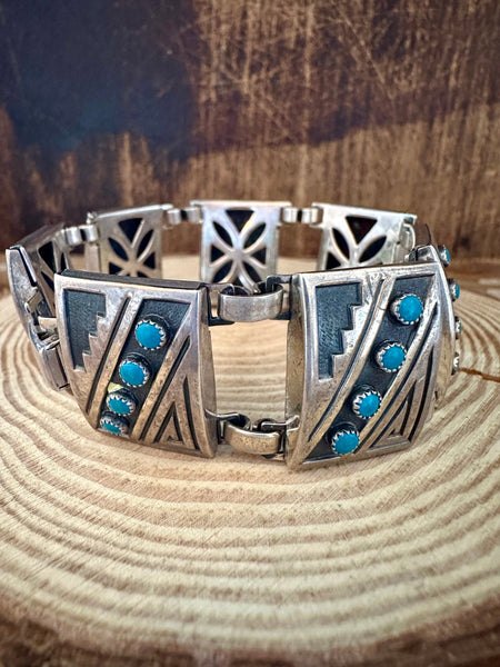 TURQUOISE LABYRINTH 1940s Sterling Silver Bracelet