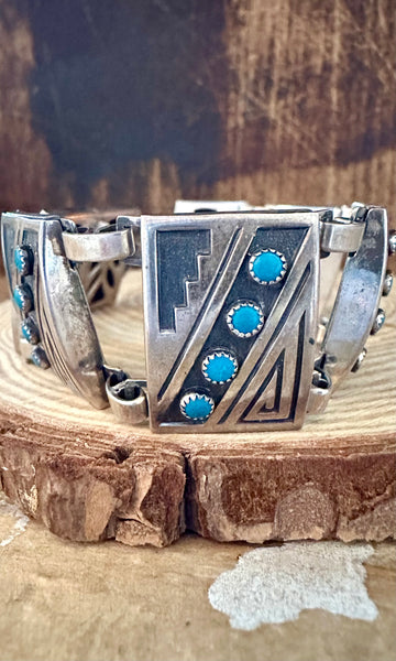 TURQUOISE LABYRINTH 1940s Sterling Silver Bracelet